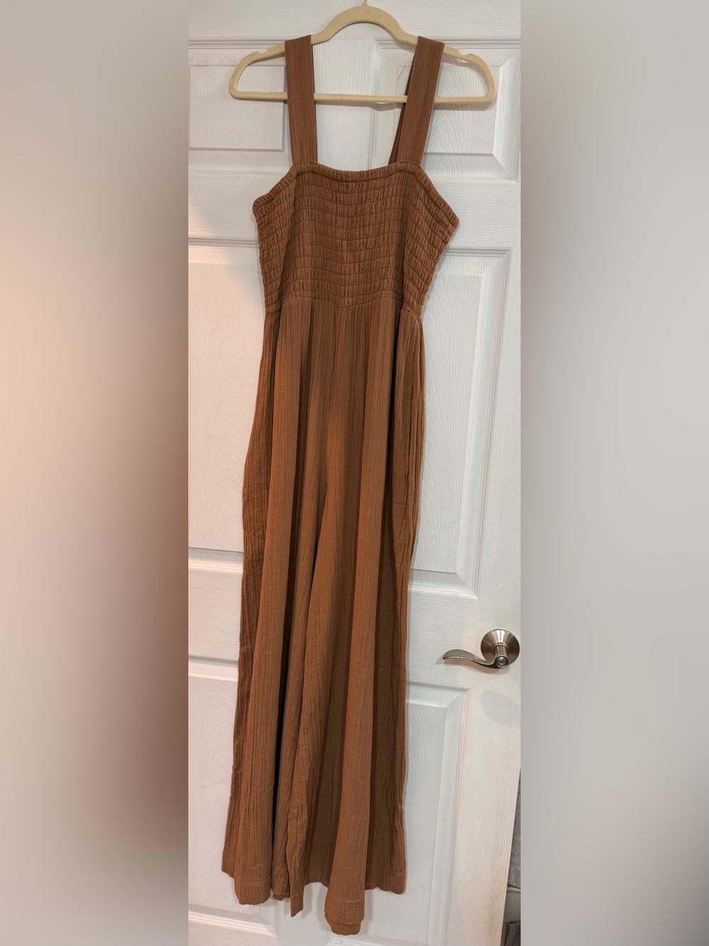 Quince Brown Smocked Bodice Cotton Gauze Jumpsuit